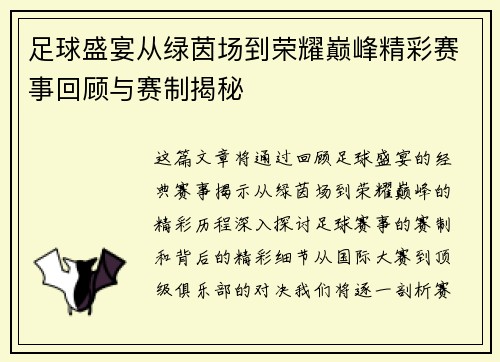 足球盛宴从绿茵场到荣耀巅峰精彩赛事回顾与赛制揭秘
