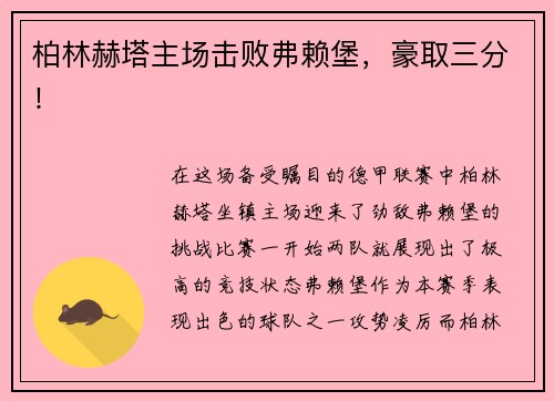 柏林赫塔主场击败弗赖堡，豪取三分！