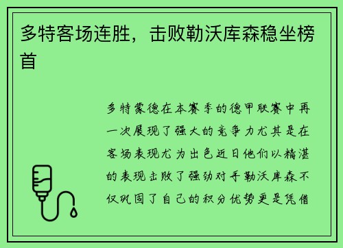 多特客场连胜，击败勒沃库森稳坐榜首