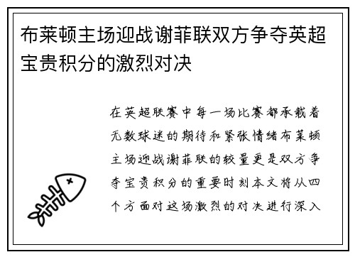布莱顿主场迎战谢菲联双方争夺英超宝贵积分的激烈对决