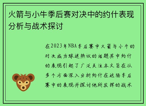 火箭与小牛季后赛对决中的约什表现分析与战术探讨