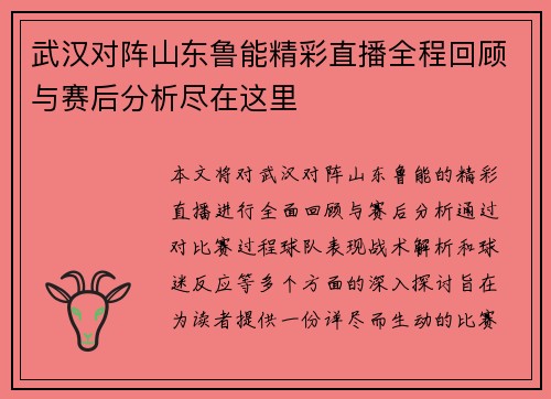 武汉对阵山东鲁能精彩直播全程回顾与赛后分析尽在这里