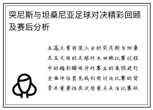 突尼斯与坦桑尼亚足球对决精彩回顾及赛后分析