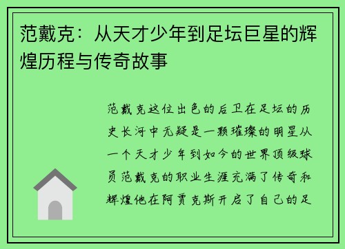范戴克：从天才少年到足坛巨星的辉煌历程与传奇故事