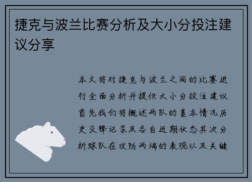 捷克与波兰比赛分析及大小分投注建议分享
