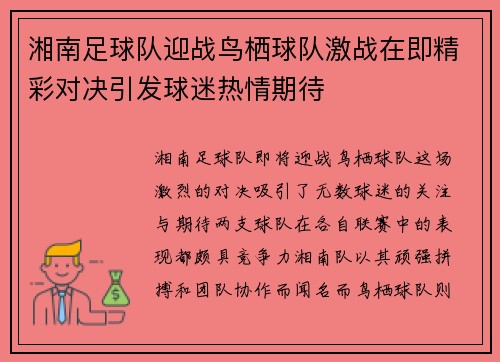 湘南足球队迎战鸟栖球队激战在即精彩对决引发球迷热情期待