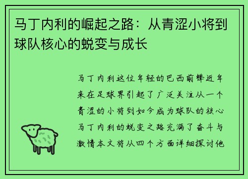 马丁内利的崛起之路：从青涩小将到球队核心的蜕变与成长