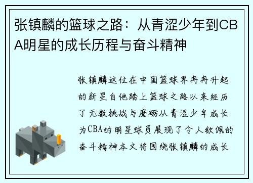 张镇麟的篮球之路：从青涩少年到CBA明星的成长历程与奋斗精神