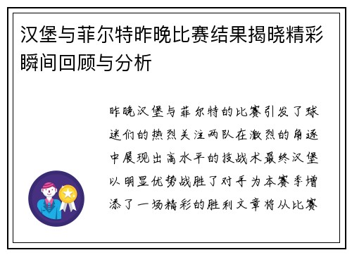 汉堡与菲尔特昨晚比赛结果揭晓精彩瞬间回顾与分析