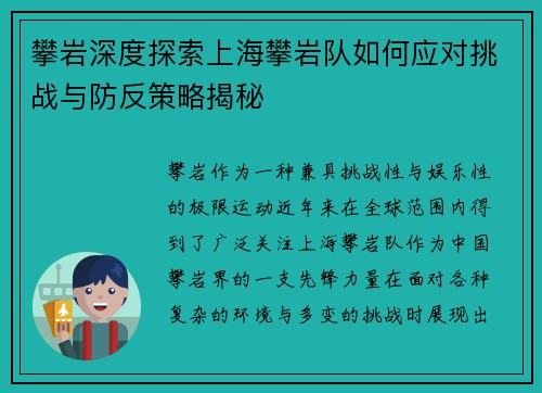 攀岩深度探索上海攀岩队如何应对挑战与防反策略揭秘