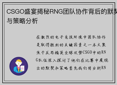 CSGO盛宴揭秘RNG团队协作背后的默契与策略分析